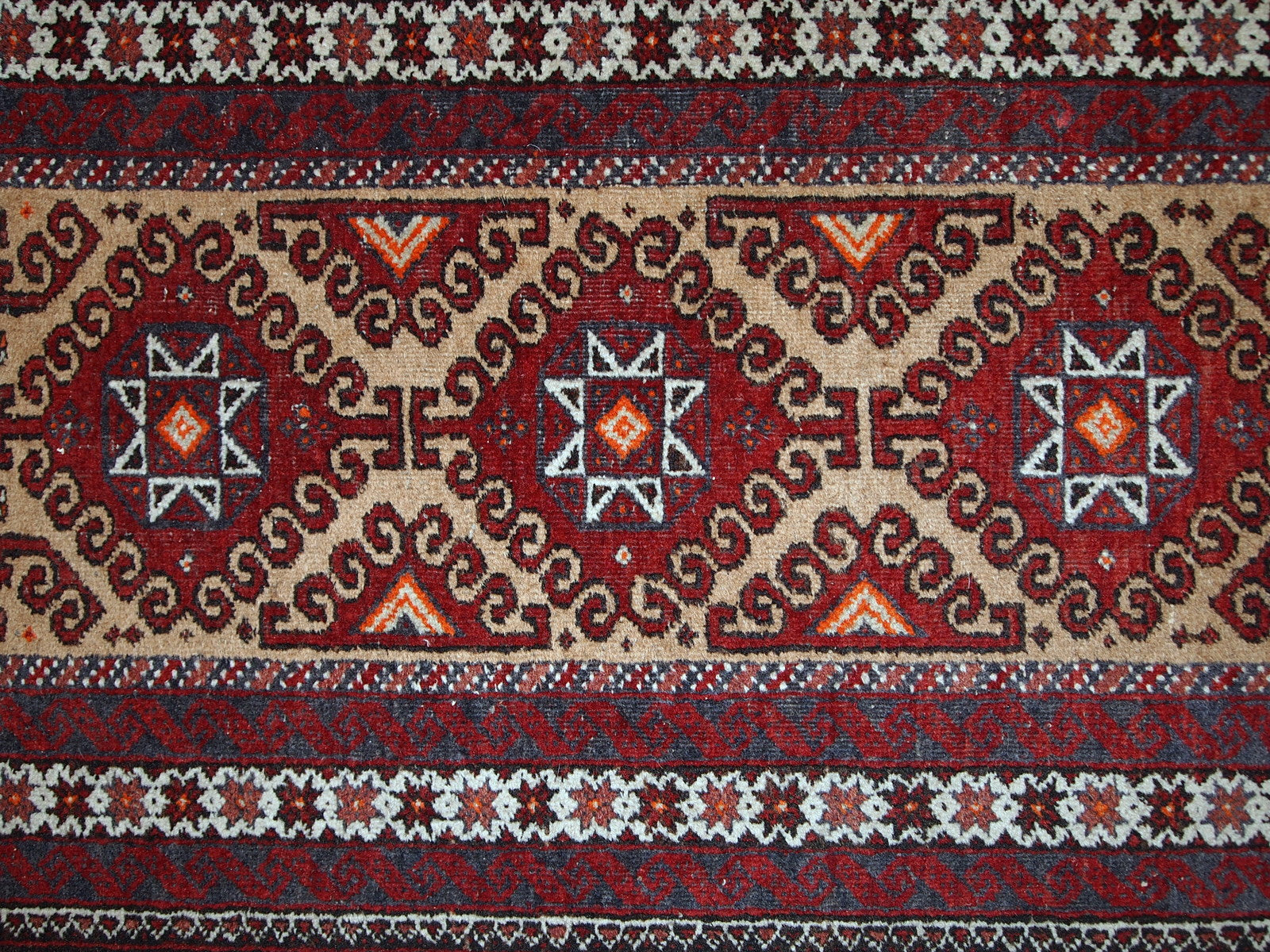 Handmade vintage Afghan Ersari rug in cream beige shade. The rug is in original good condition, made out of wool. The border decorated in little stars. 