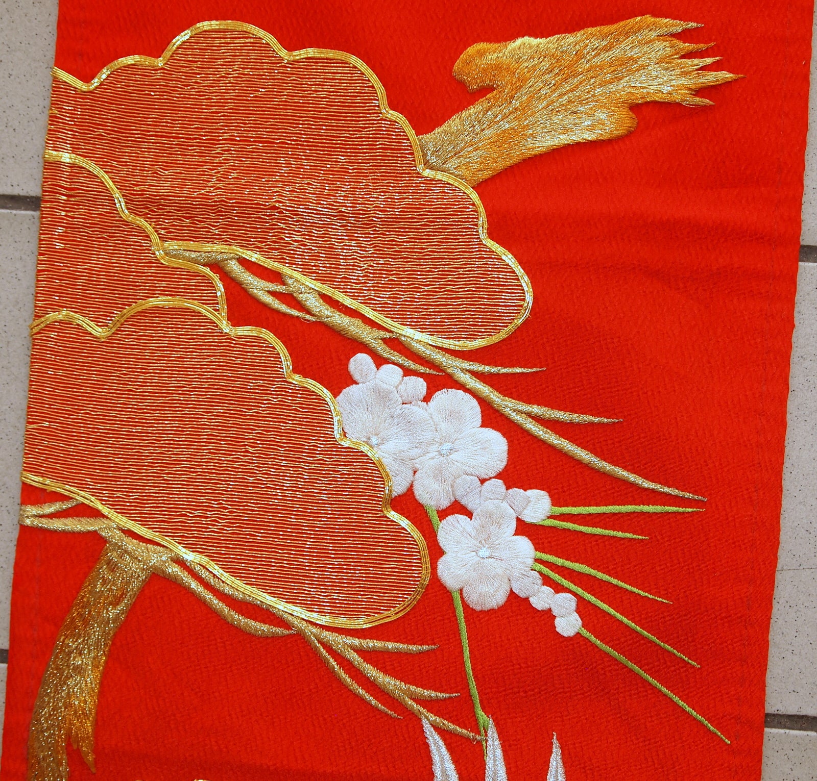 Handmade vintage Japanese silk wall embroidery, 1980s