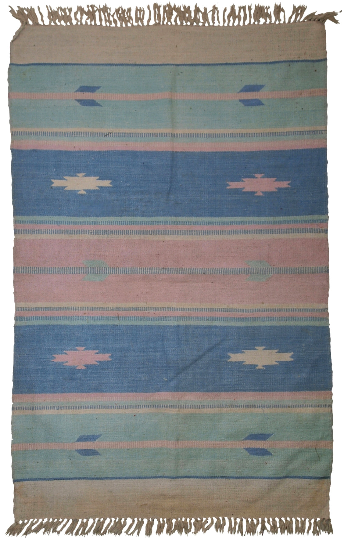 Front view of the vintage Indian Dhurri kilim showcasing pastel colors and tribal stripes.