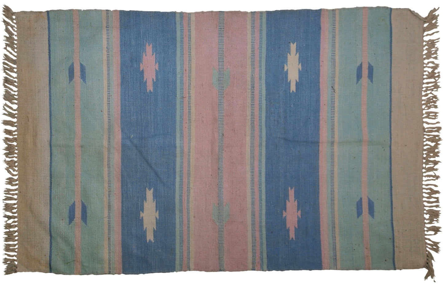 Back view of the vintage Indian Dhurri kilim, revealing its high-quality cotton craftsmanship