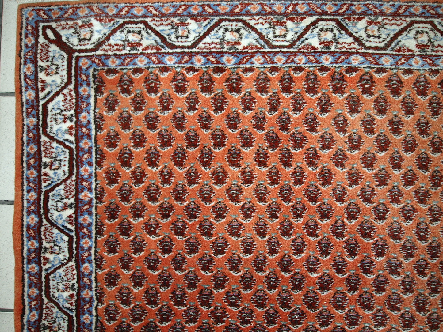 Handmade vintage Seraband rug from India, made in the end of 20th century. The rug is in original good condition. It has been made in traditional all-over design.