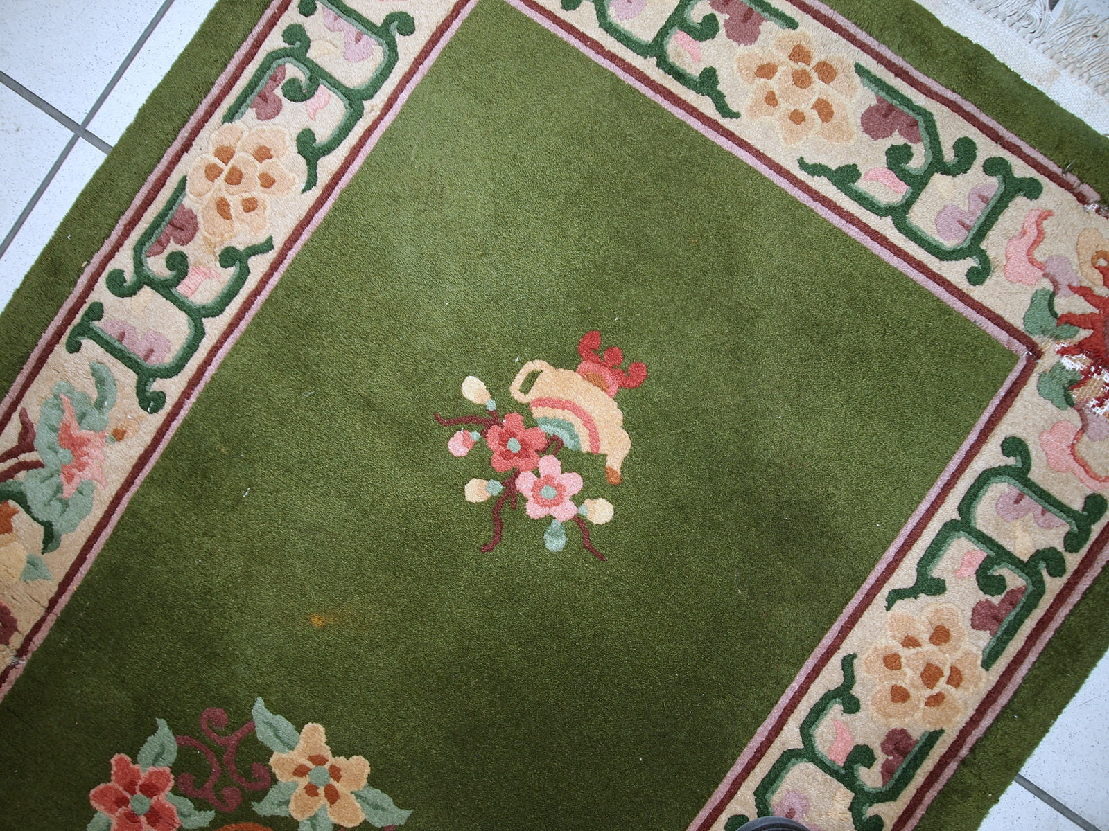 Handmade vintage narrow Chinese runner from the end of 20th century. It is in original condition, has some signs of age.