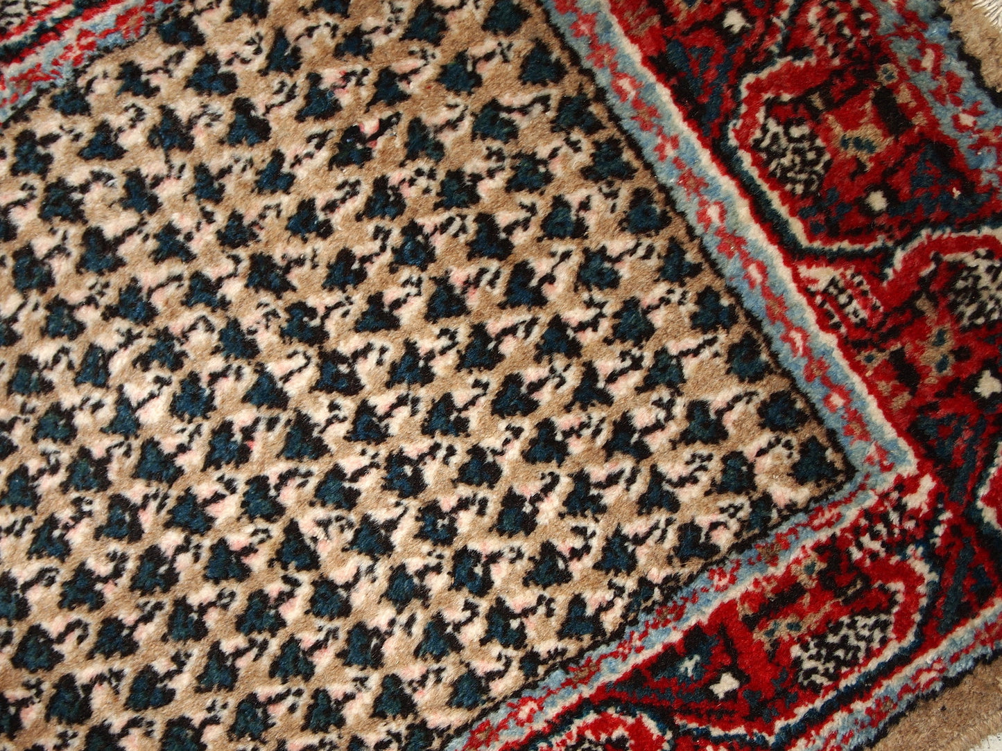 Handmade vintage Indian rug with Middle Eastern Seraband design. The rug is made in the end of 20th century, it is in original good condition.