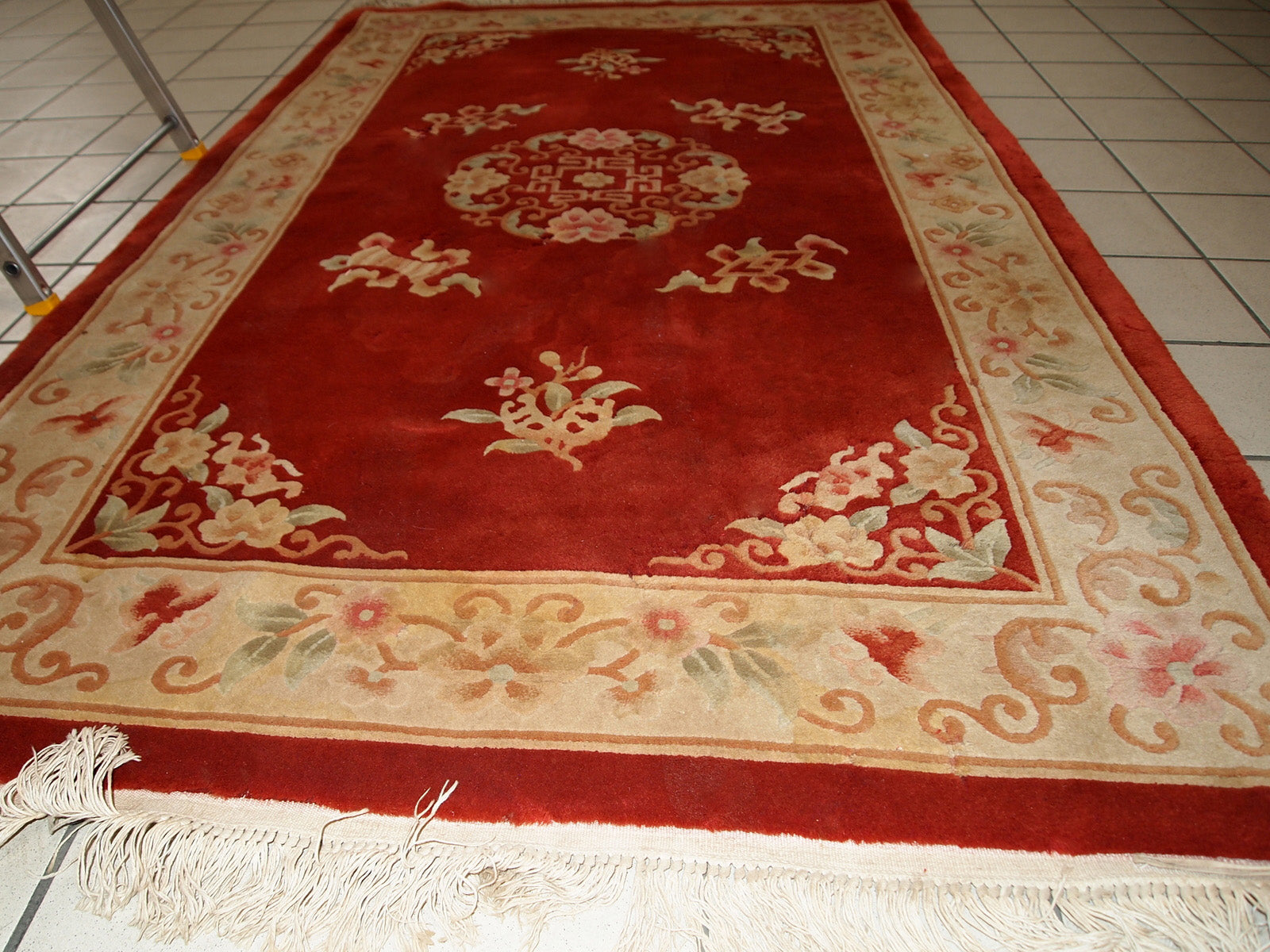 Handmade vintage Art Deco Chinese rug in bright orange color. The rug is from the end of 20th century in original condition, it has some signs of age.