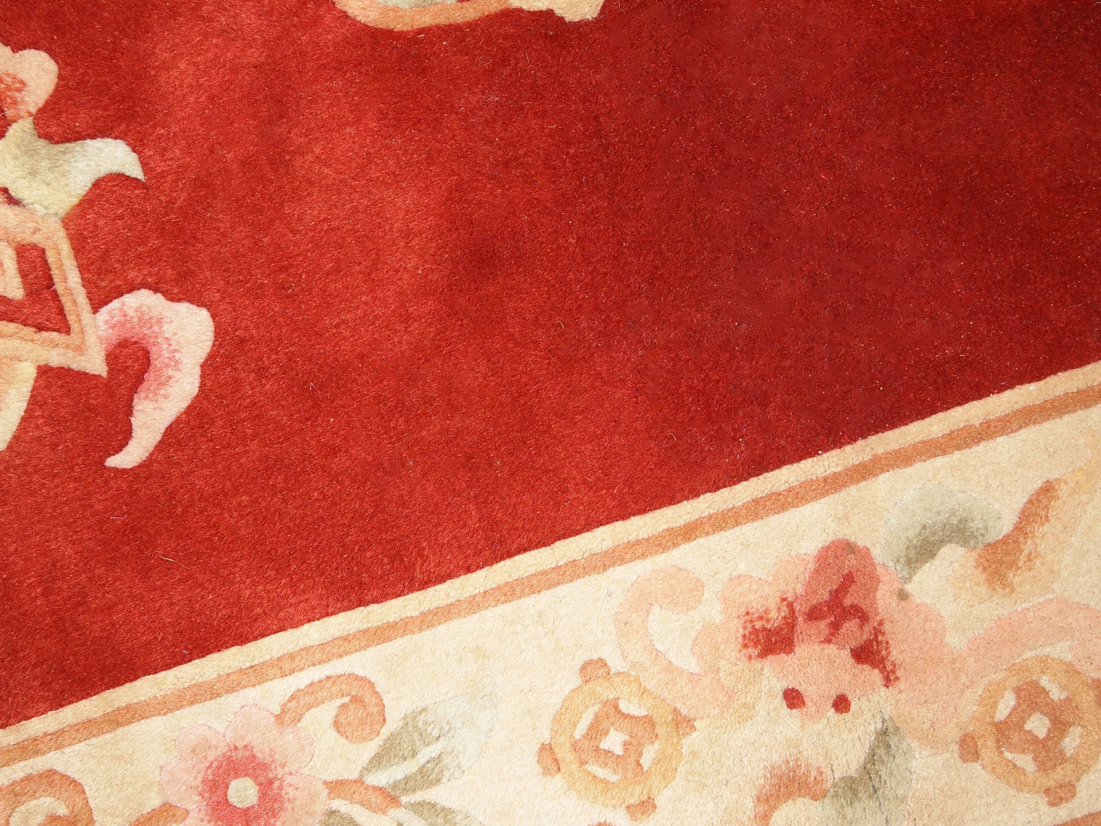 Handmade vintage Art Deco Chinese rug in bright orange color. The rug is from the end of 20th century in original condition, it has some signs of age.