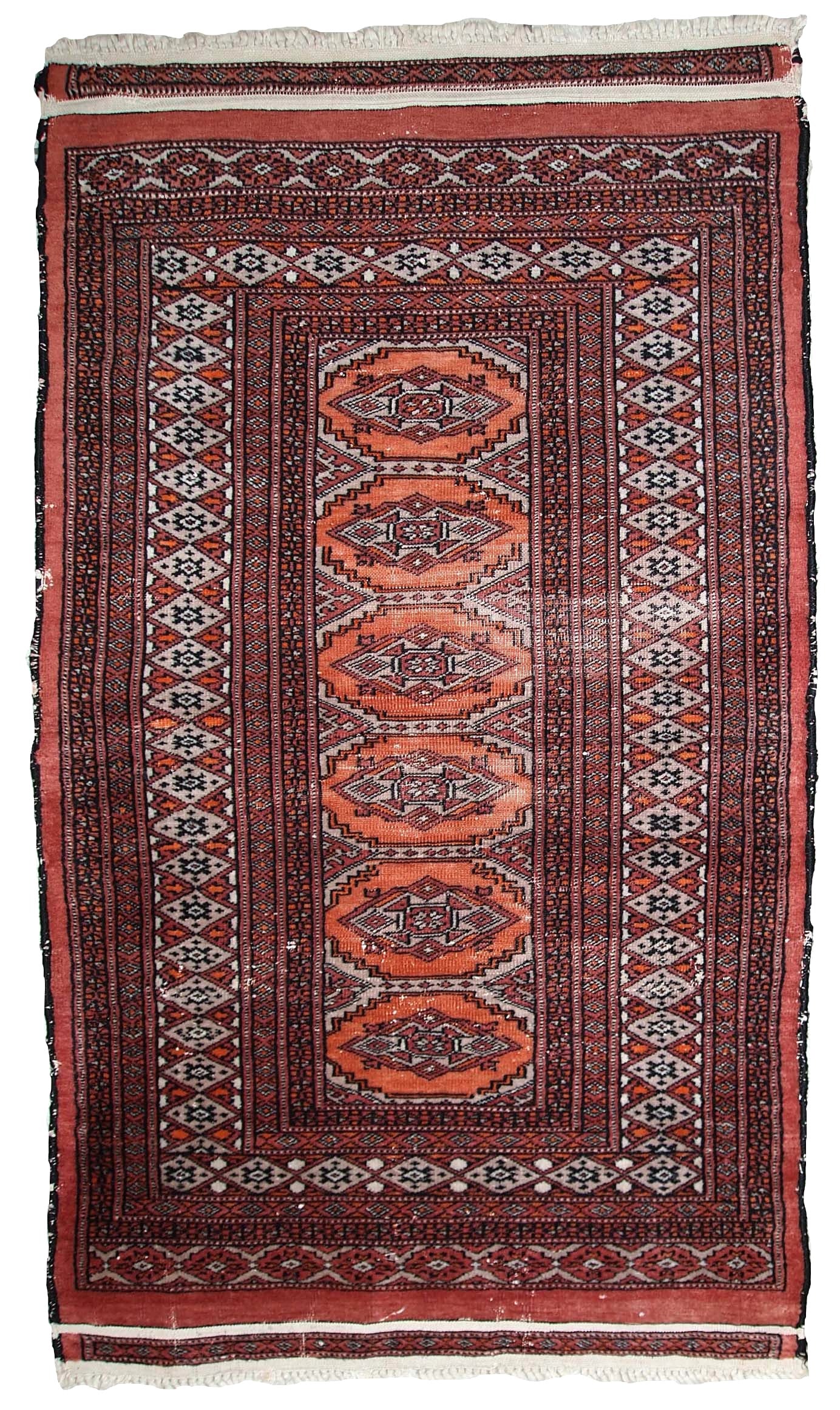 Handmade vintage Uzbek Bukhara distressed rug 1960s