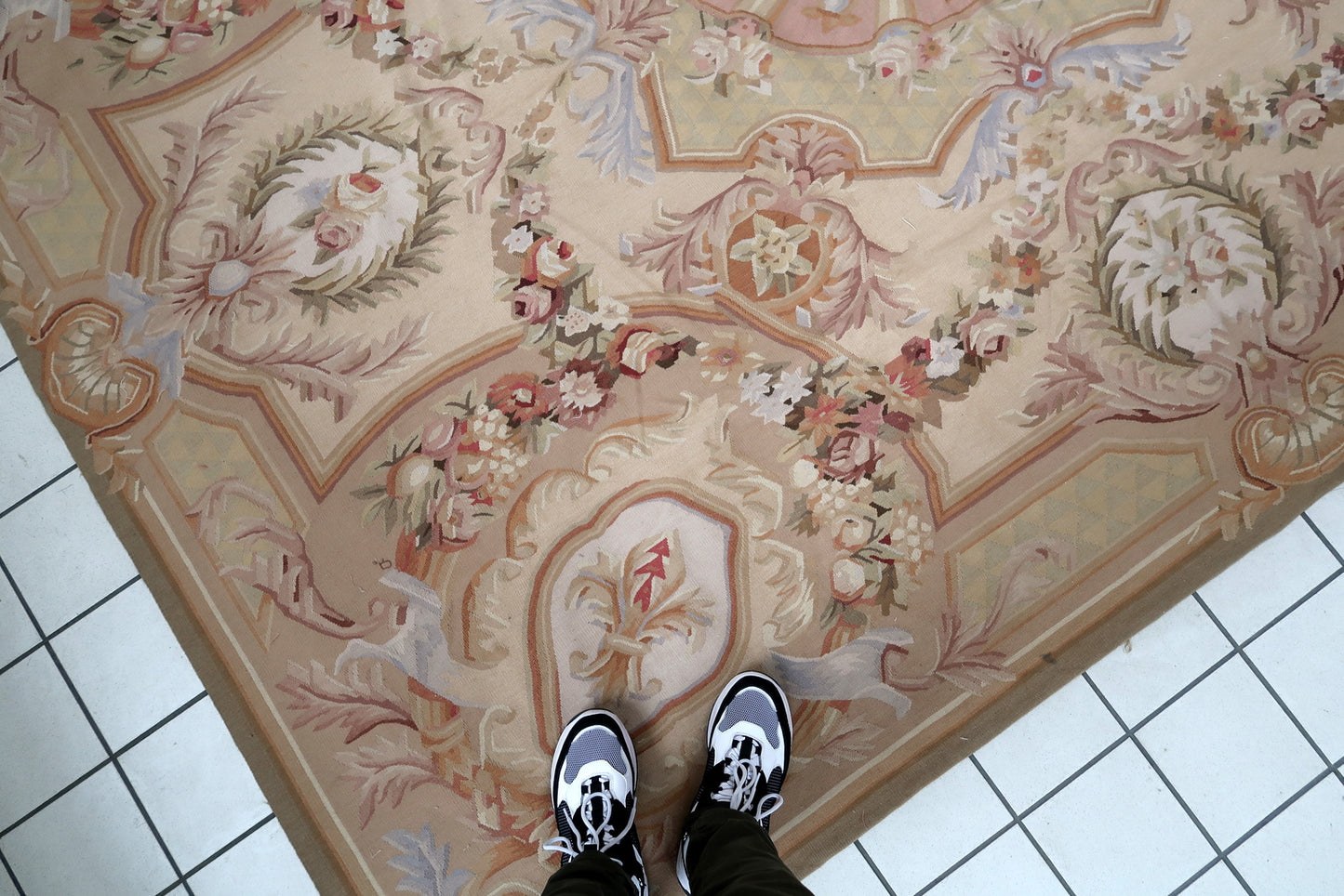 Handmade vintage French Aubusson rug in original good condition. This rug is one of a kind made in France in the end of 20th century.