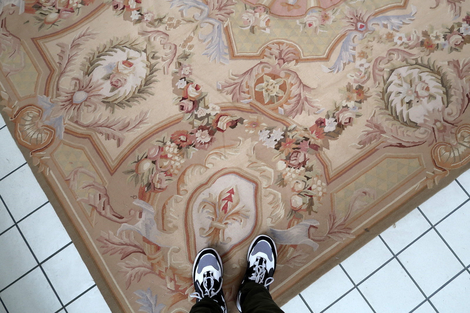 Handmade vintage French Aubusson rug in original good condition. This rug is one of a kind made in France in the end of 20th century.