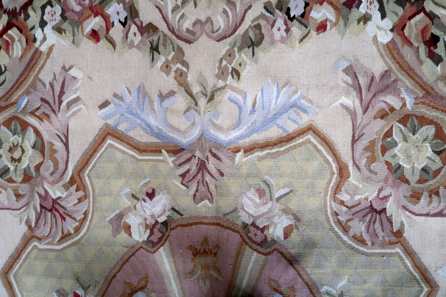 Handmade vintage French Aubusson rug in original good condition. This rug is one of a kind made in France in the end of 20th century.