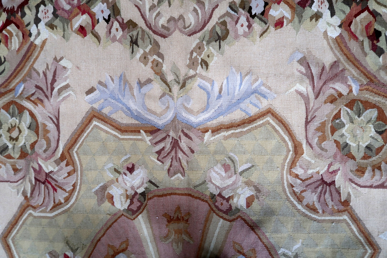 Handmade vintage French Aubusson rug in original good condition. This rug is one of a kind made in France in the end of 20th century.