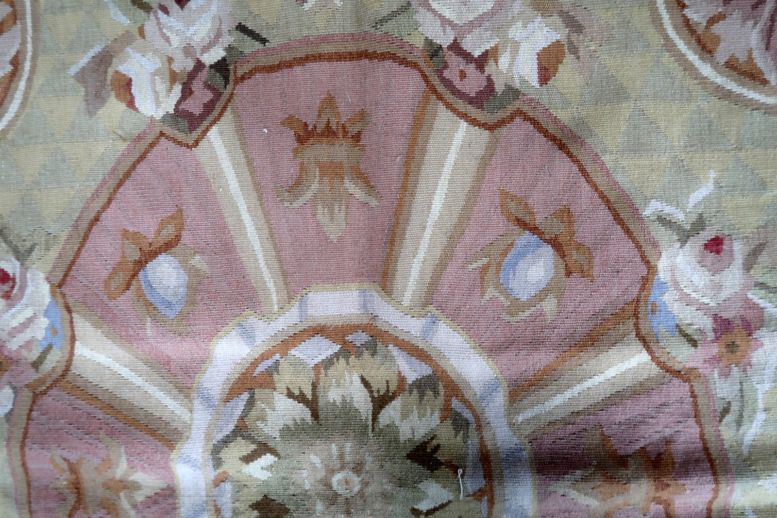 Handmade vintage French Aubusson rug in original good condition. This rug is one of a kind made in France in the end of 20th century.