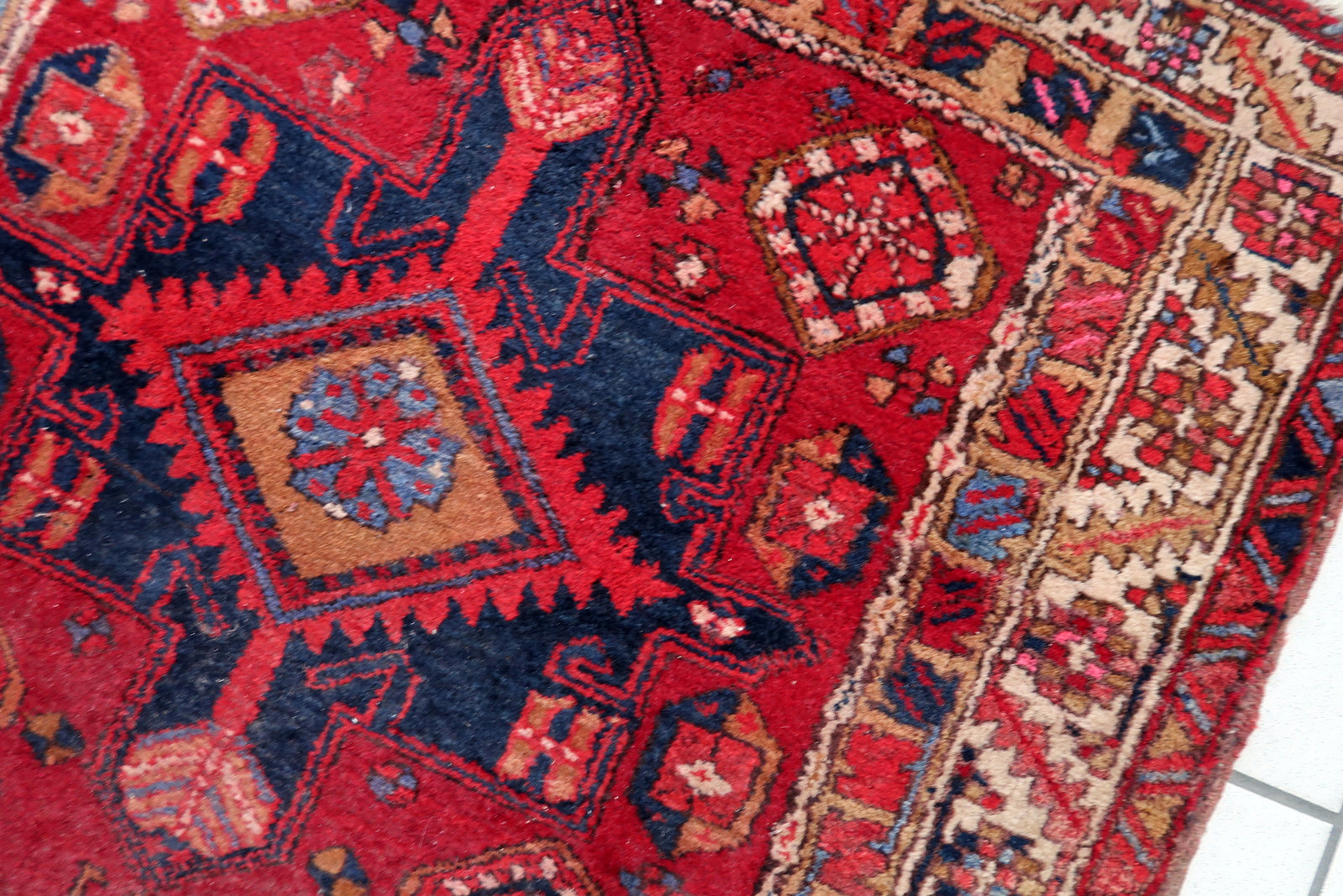 Handmade vintage Persian Malayer runner in original condition, it has some signs of age and low pile. The rug has been made in wool in the end of 20th century.