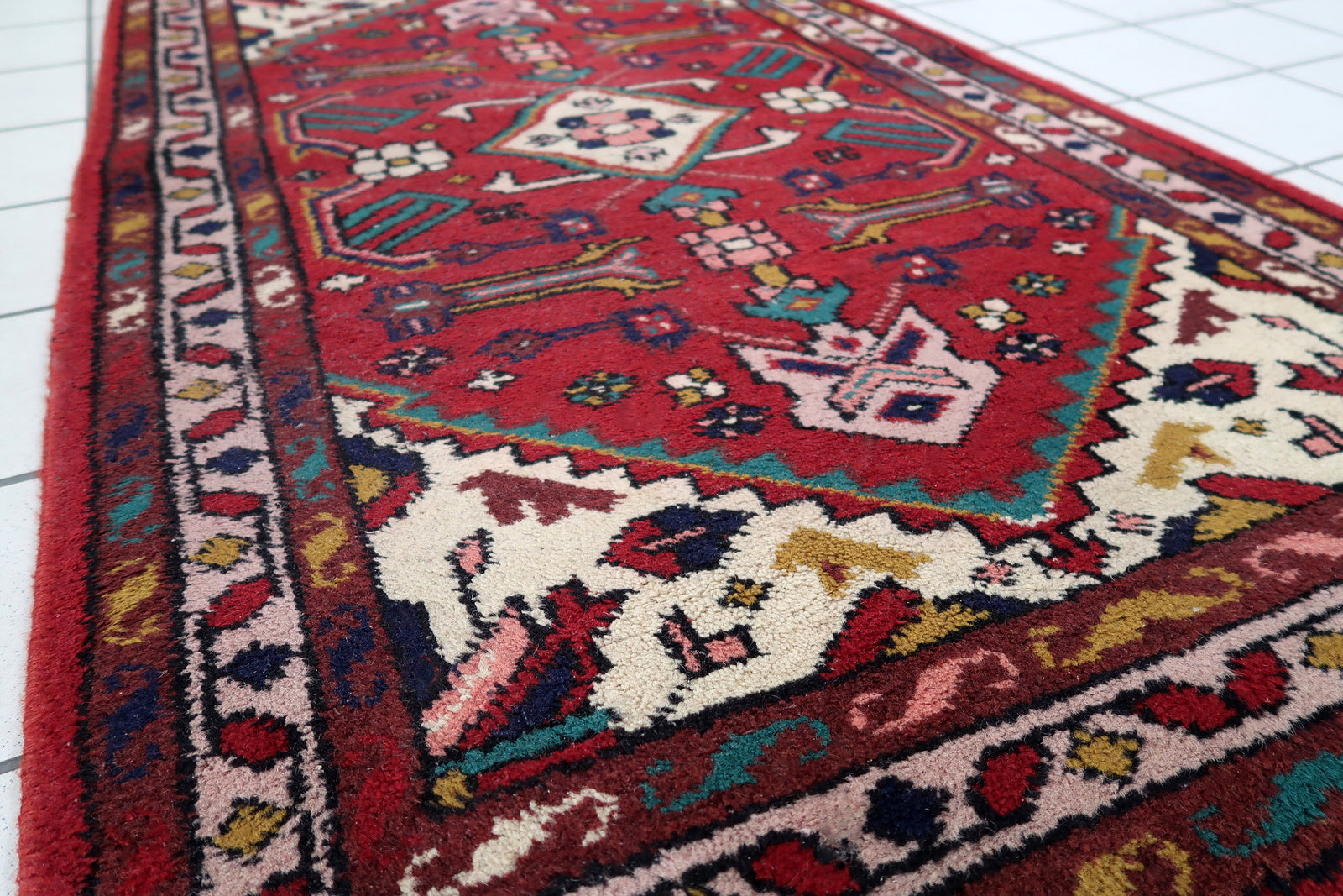 Handmade vintage Persian Hamadan rug in original good condition. The rug has been made in wool in the end of 20th century.