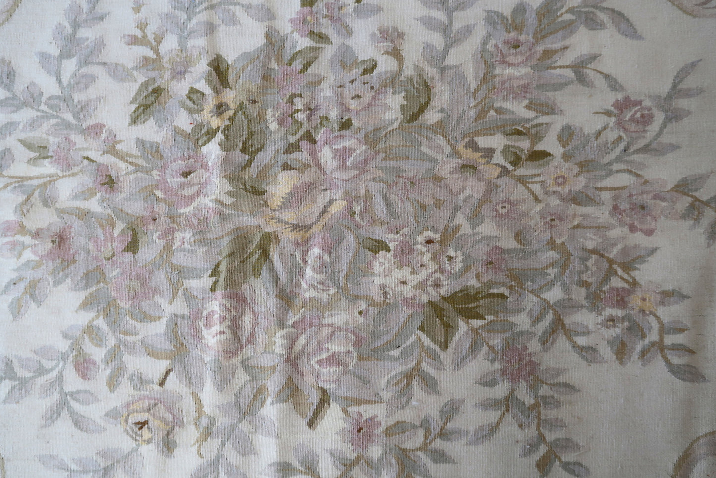 Handmade vintage French Aubusson rug in original good condition. This rug is one of a kind made in France in the end of 20th century.
