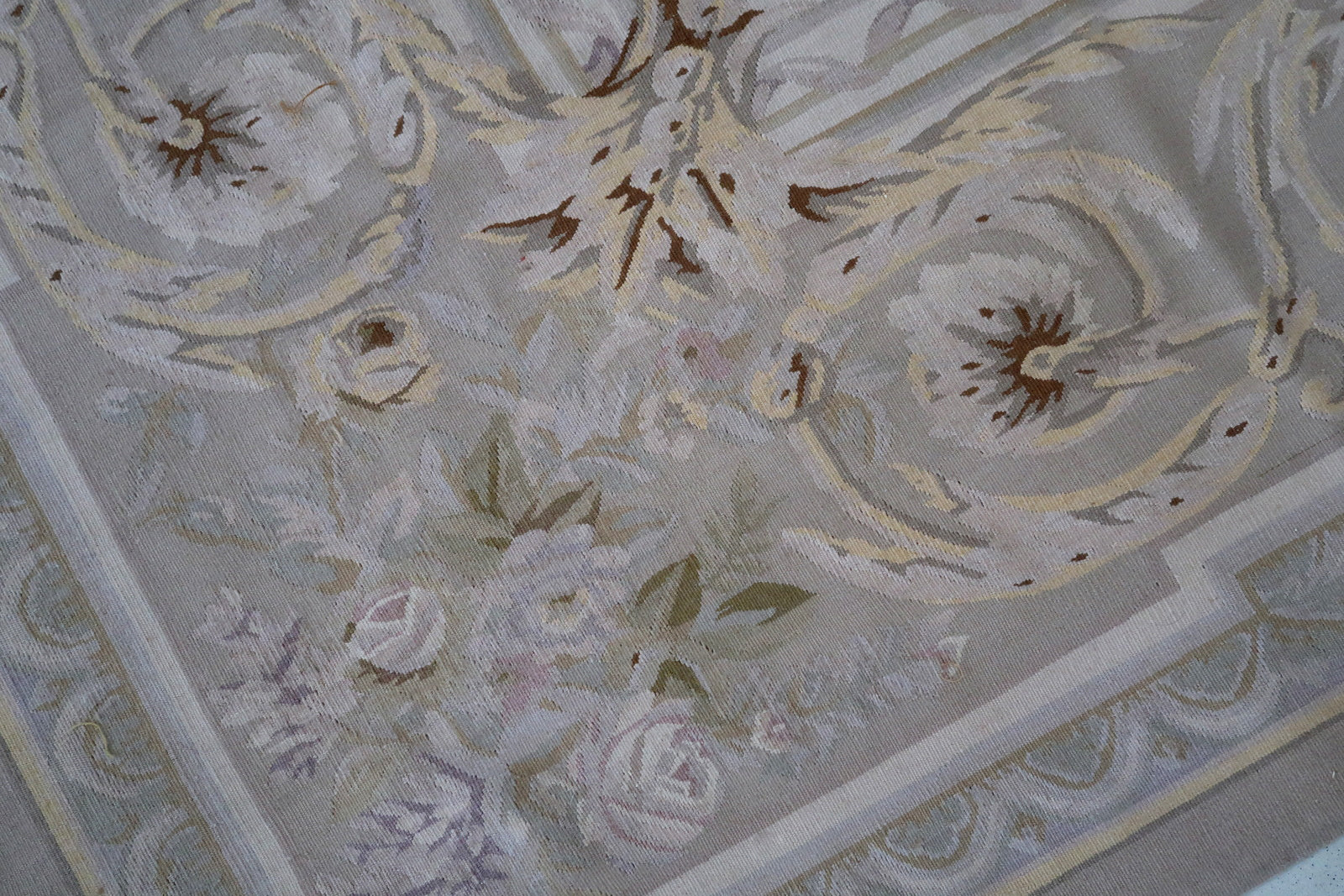 Handmade vintage French Aubusson rug in original good condition. This rug is one of a kind made in France in the end of 20th century.