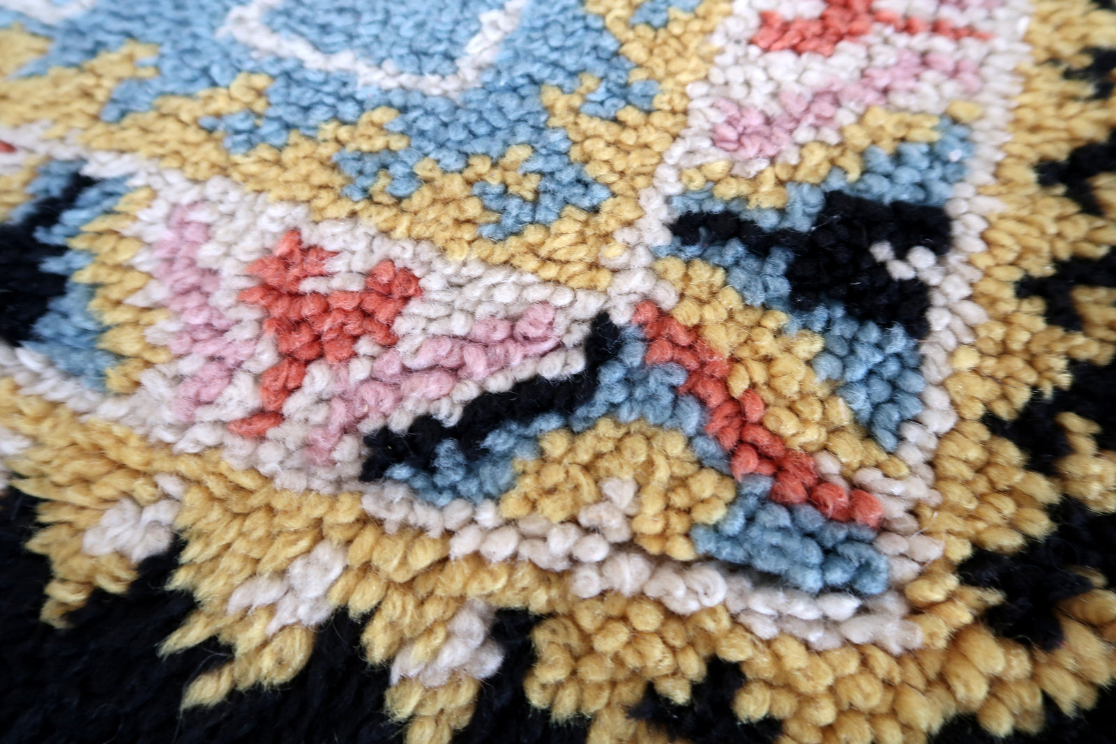 Vintage French Savonnerie rug in sky blue color. The rug has been made in wool in the end of 20th century. It is in original good condition.