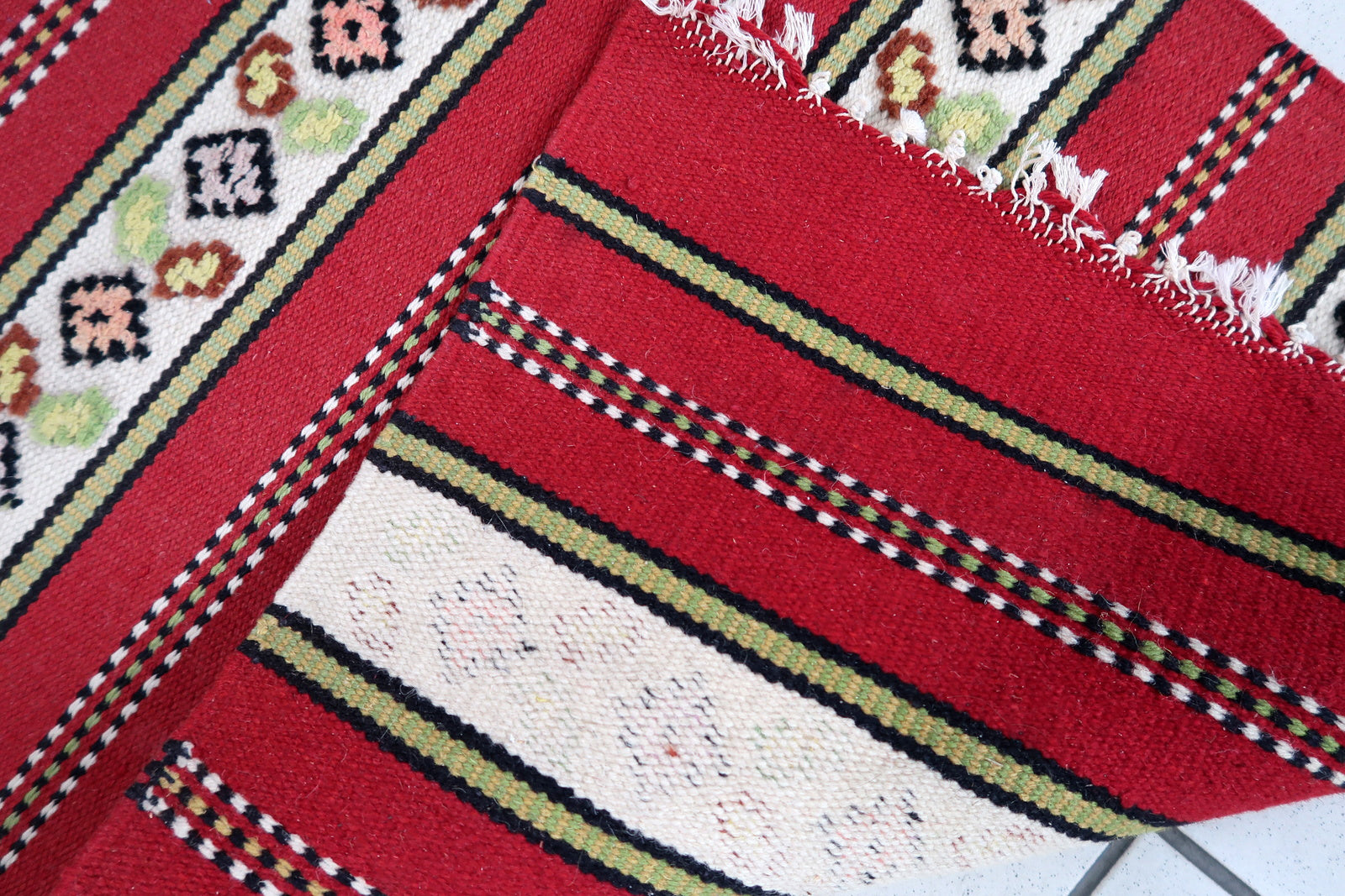 Handmade vintage Persian Ardabil narrow runner in red and white stripes. The rug is from the end of 20th century in original good condition. 