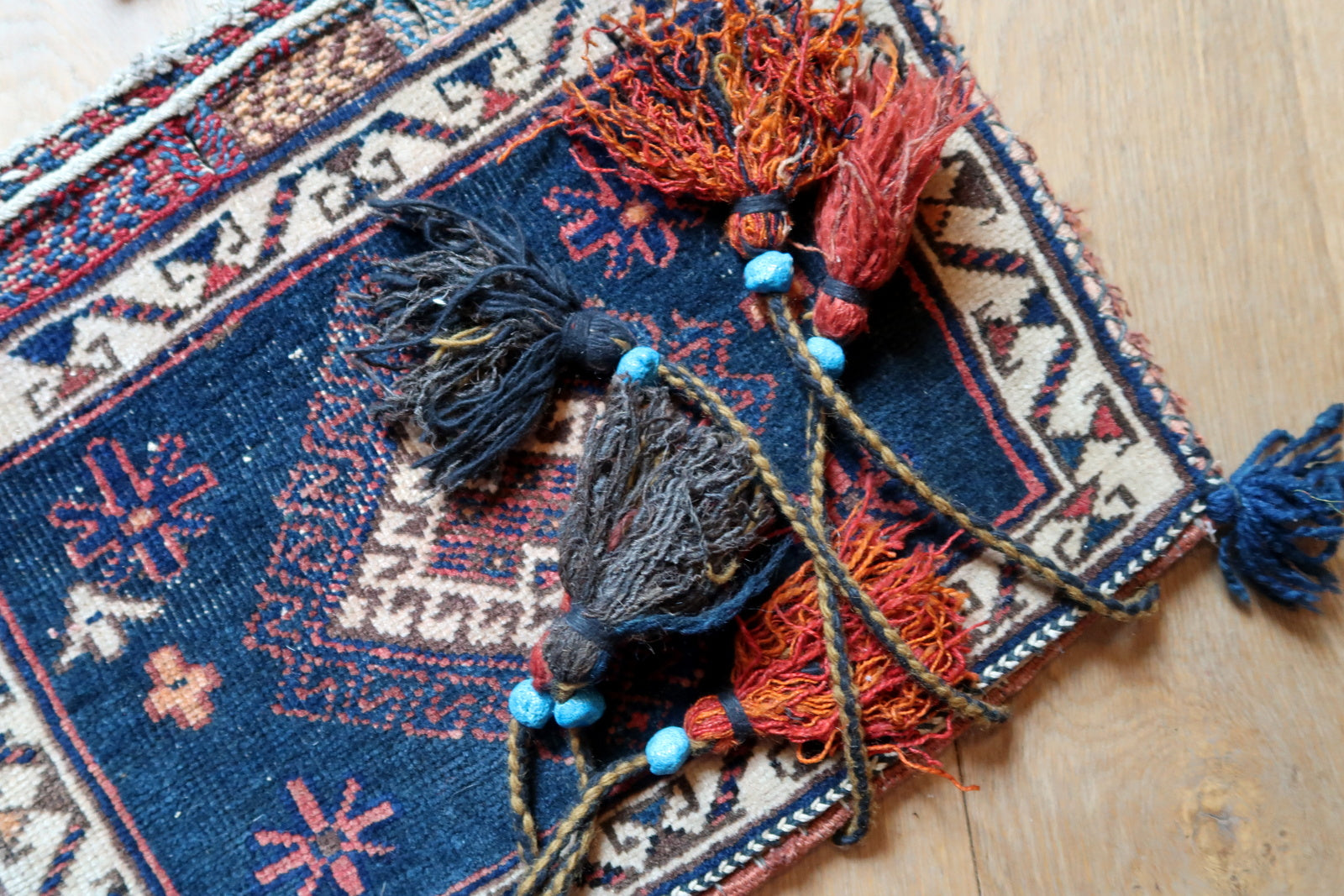 Handmade antique Persian Afshar Salt bag in blue and white colors. The bag is from the beginning of 20th century in original condition, it has some low pile.