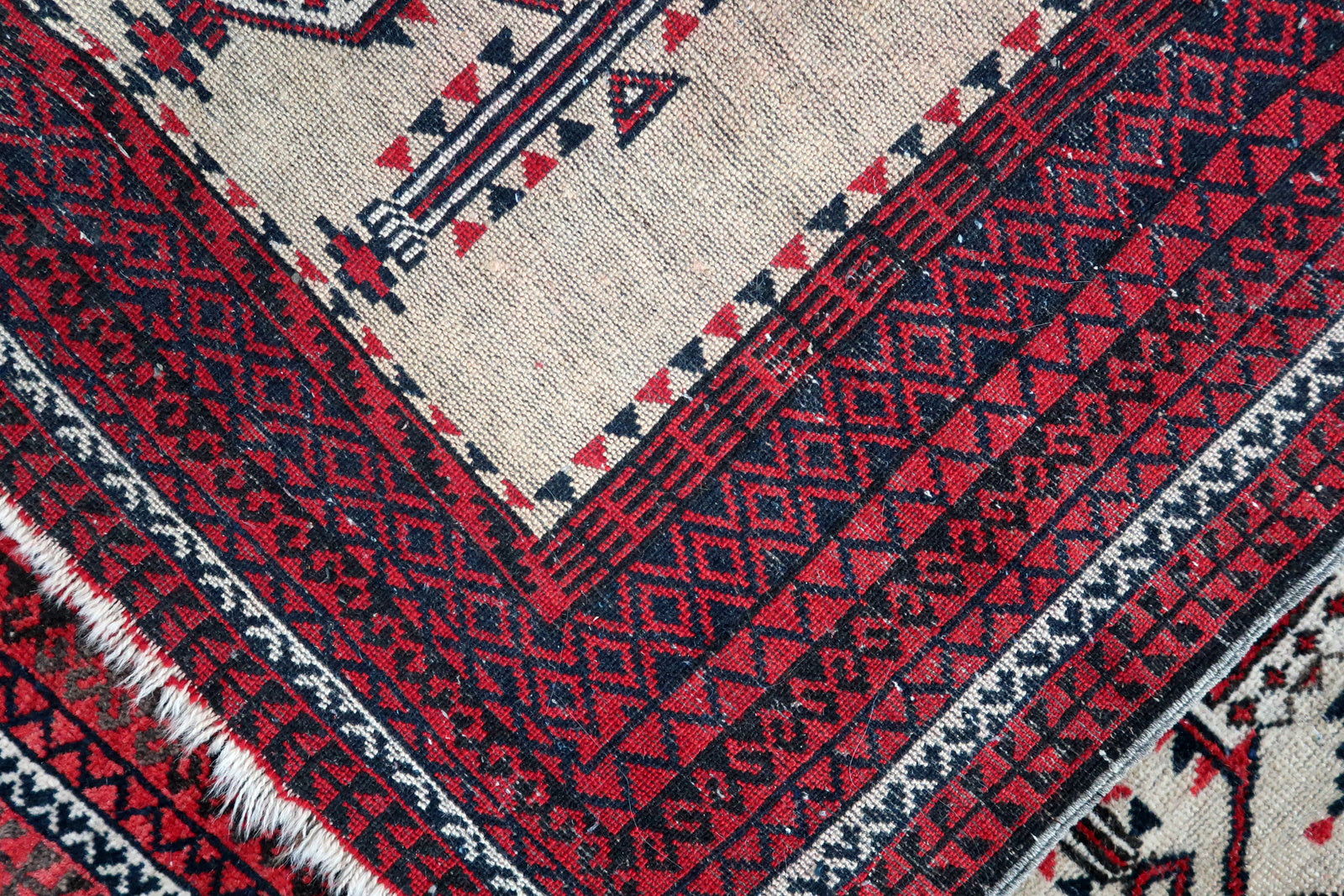 Handmade antique Afghan rug from Baluchi region. This prayer rug made in the beginning of 20th century, it is in original condition, has some low pile. 