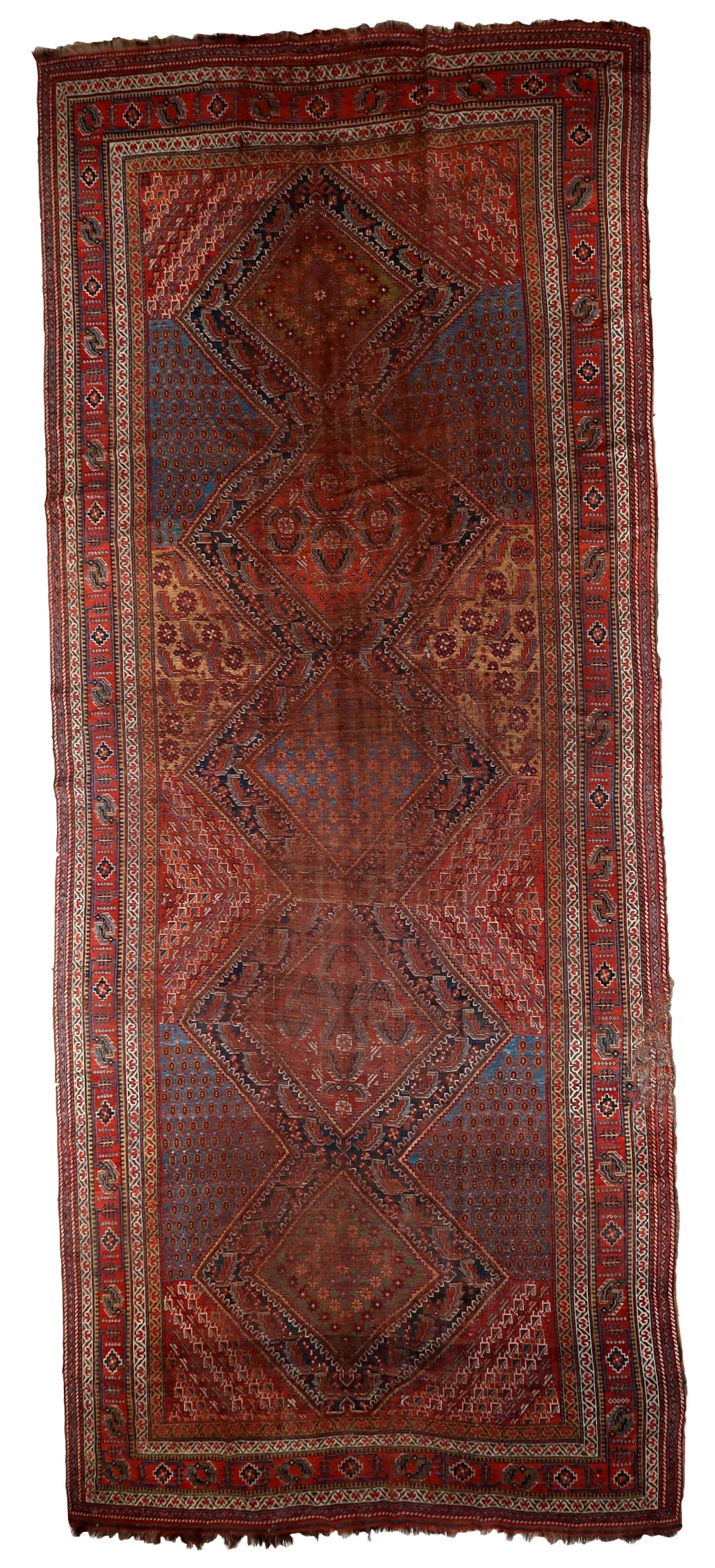 Handmade antique Persian Khamseh distressed rug 1880s