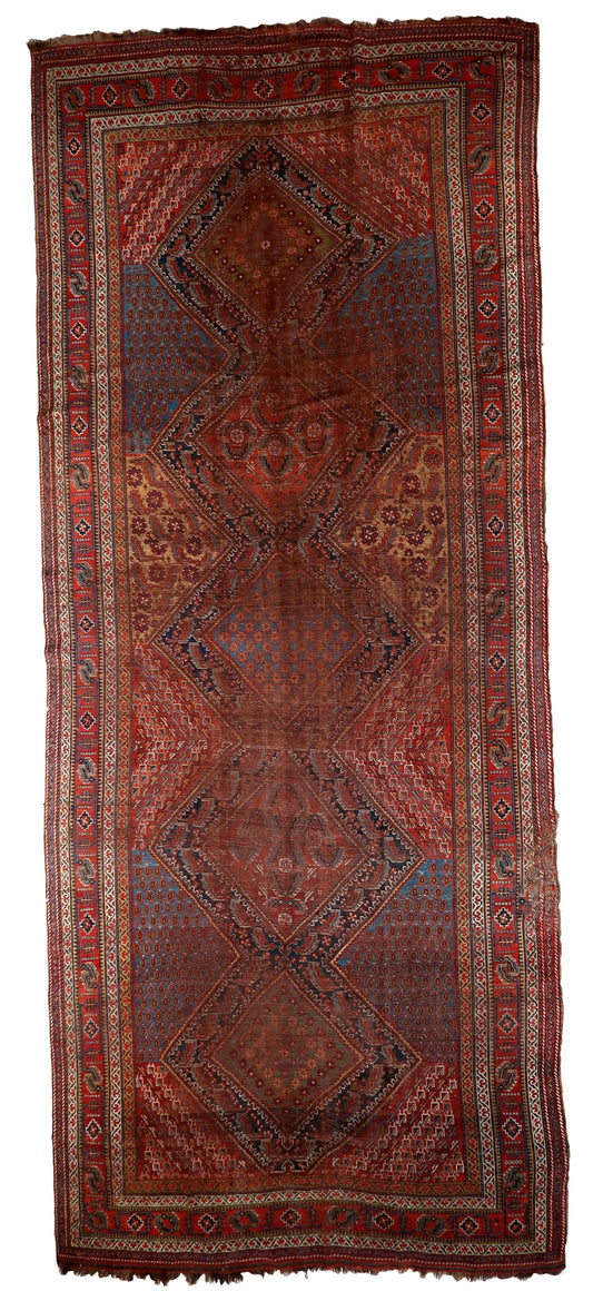Handmade antique Persian Khamseh distressed rug 1880s