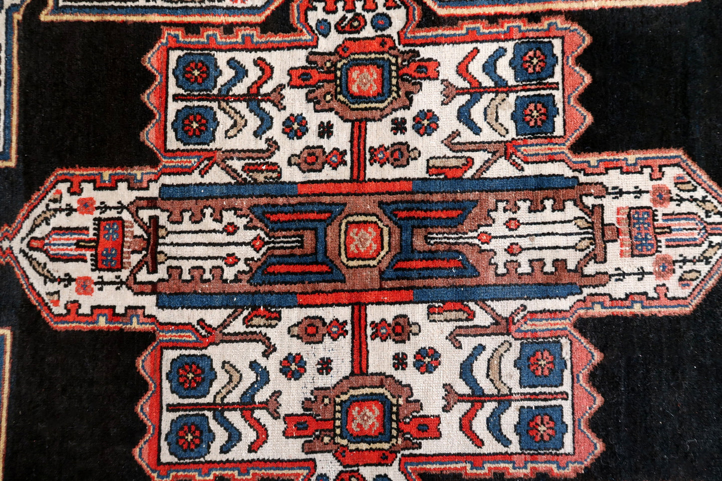 Handmade antique Persian Malayer rug in black and white colors. The rug is from the beginning of 20th century in original condition, it has some low pile.