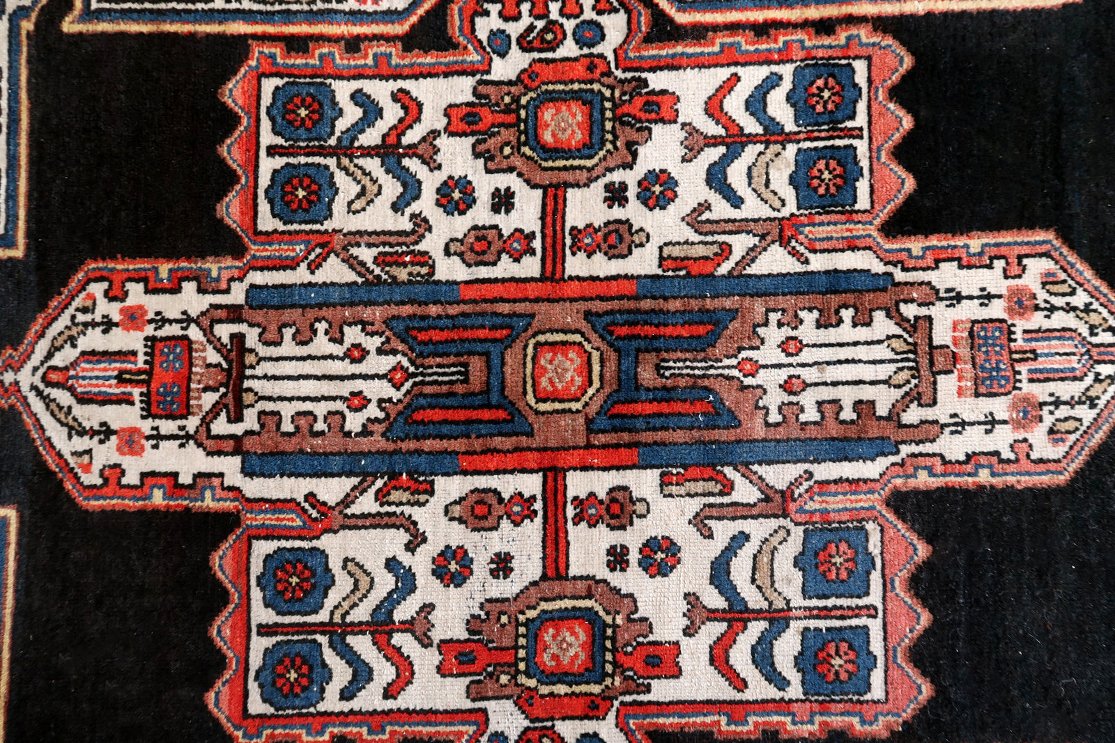 Handmade antique Persian Malayer rug in black and white colors. The rug is from the beginning of 20th century in original condition, it has some low pile.