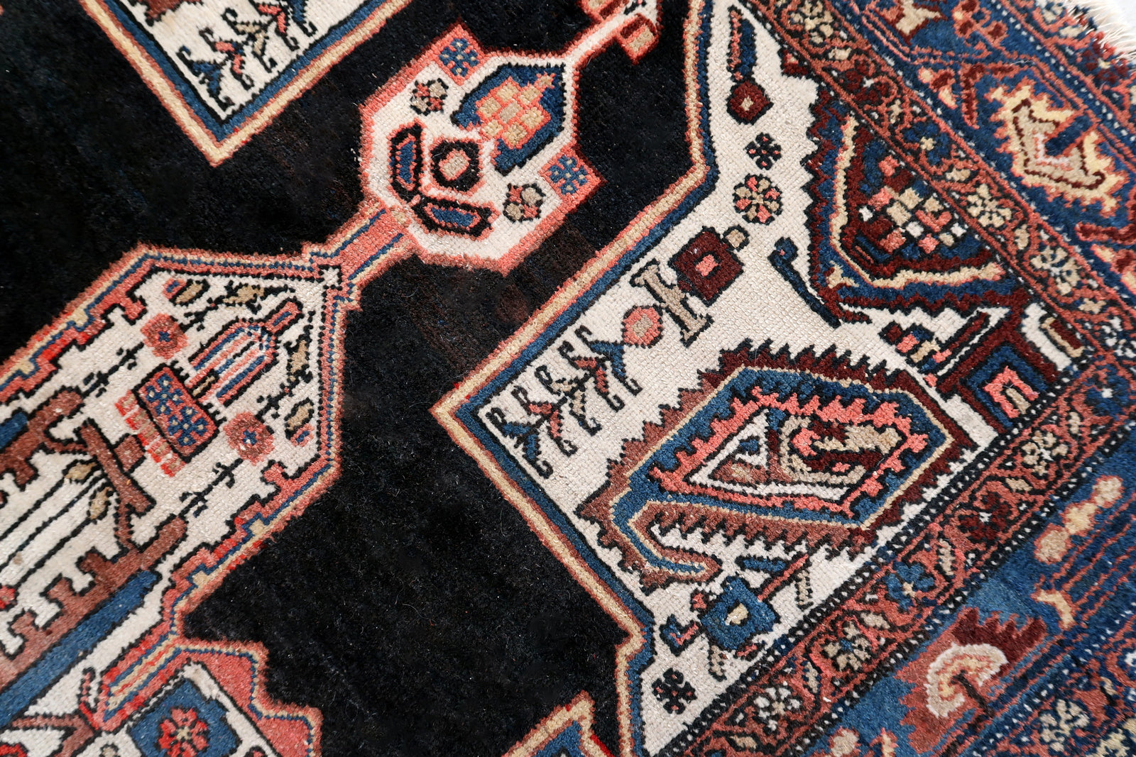 Handmade antique Persian Malayer rug in black and white colors. The rug is from the beginning of 20th century in original condition, it has some low pile.