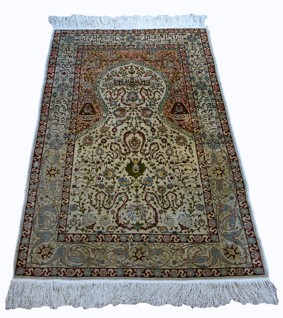 Handmade vintage Turkish Hereke silk prayer rug 1950s