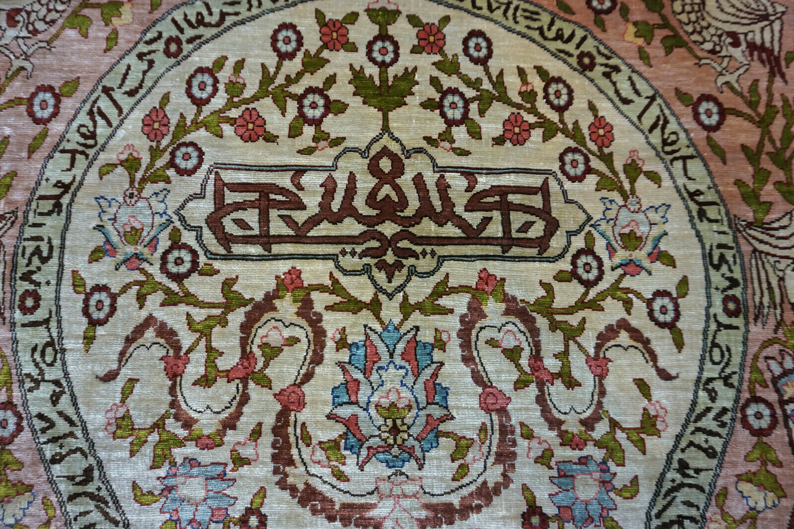 Handmade vintage Turkish Hereke rug made in natural silk and prayer design. The rug is from the middle of 20th century in original good condition.