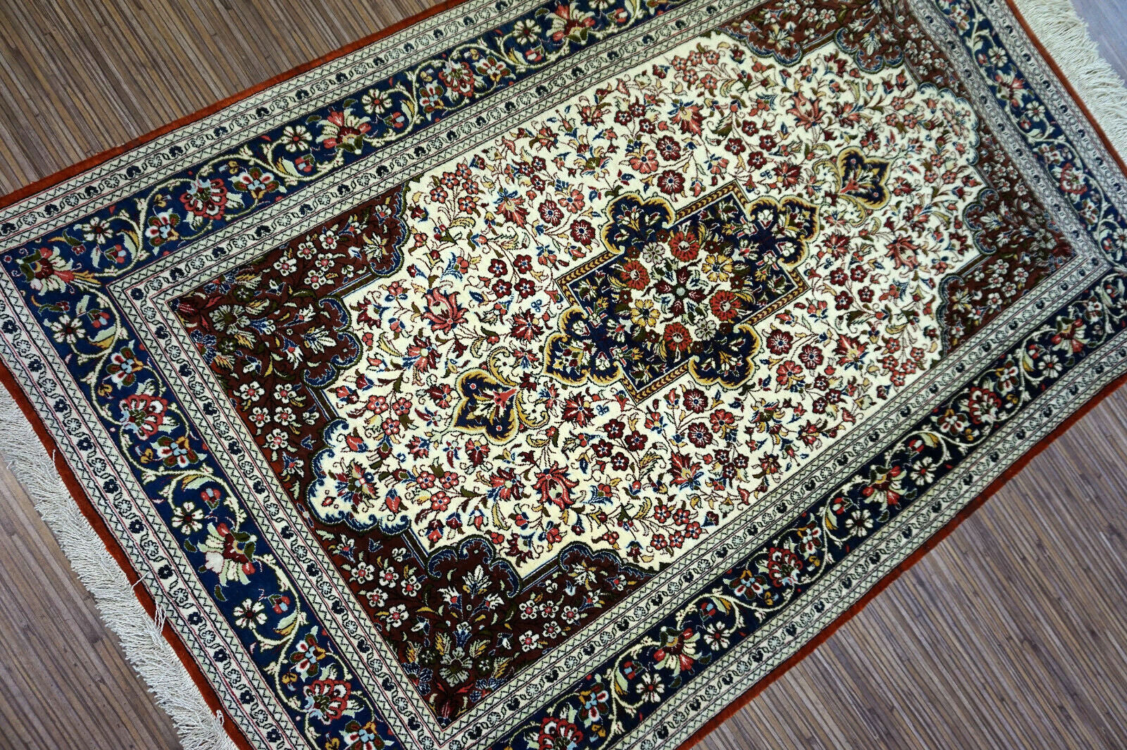 Handmade vintage Persian Qum silk rug 1970s