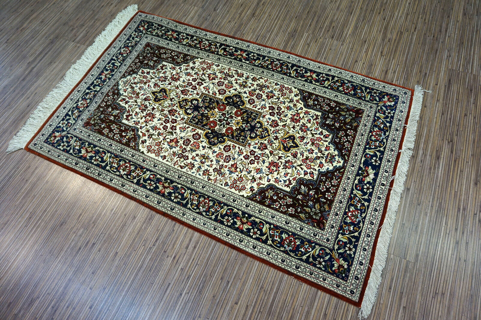 Handmade vintage Persian Qum silk rug 1970s