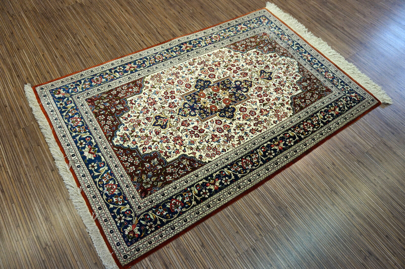 Handmade vintage Persian Qum silk rug 1970s