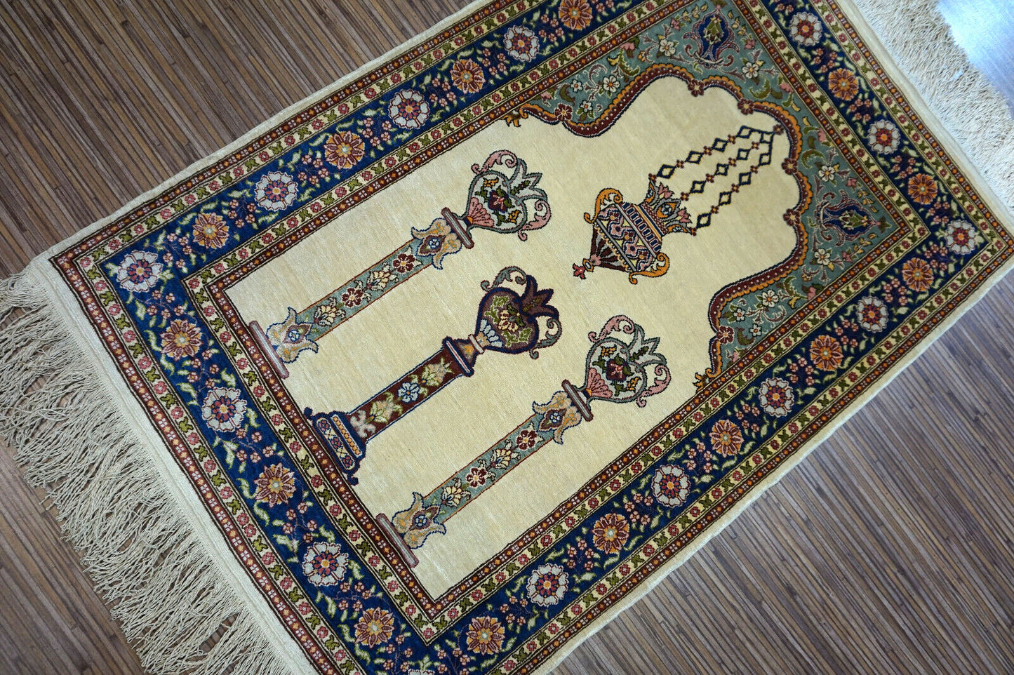 Handmade vintage Turkish Hereke silk prayer rug 1970s