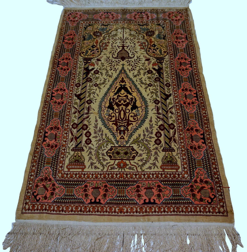 Handmade vintage Turkish Hereke silk prayer rug 1970s