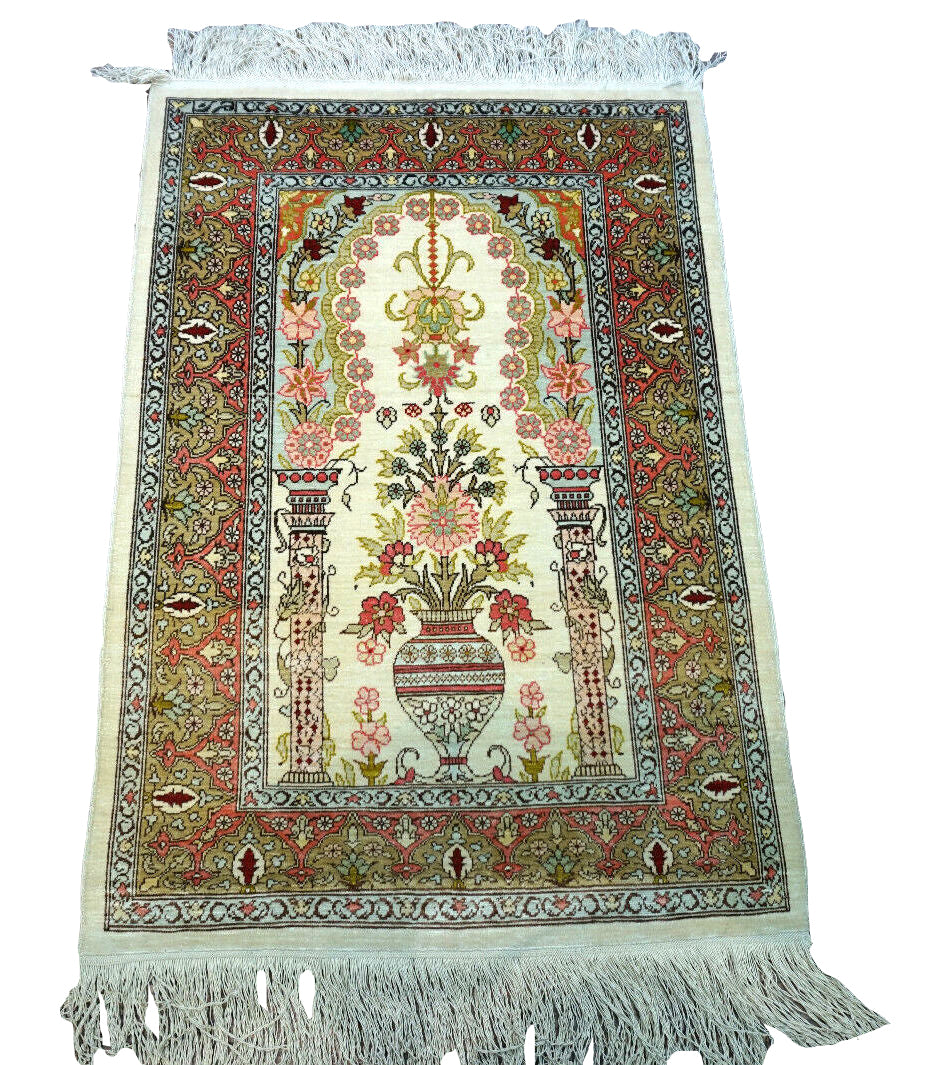 Handmade Vintage Turkish Hereke Silk Rug, front view