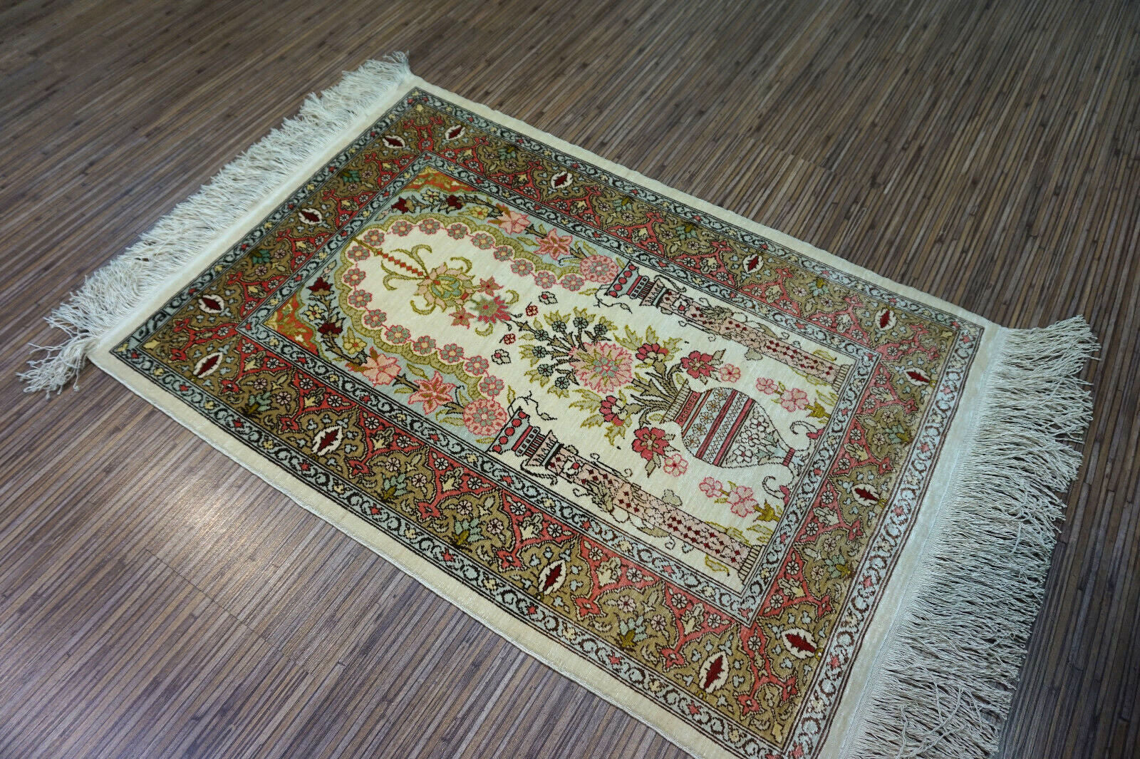 Handmade Vintage Turkish Hereke Silk Rug, front view