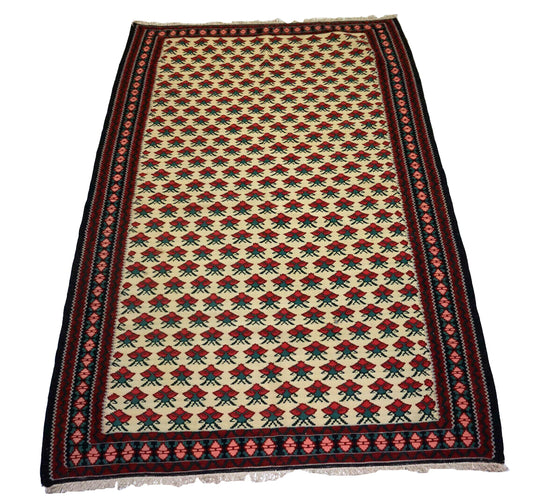 Handmade Vintage Persian Ardabil Kilim with classic design in beige, red, green, and black colors