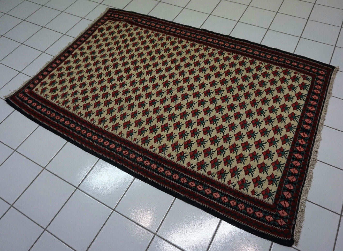 Handmade Vintage Persian Ardabil Kilim with classic design in beige, red, green, and black colors