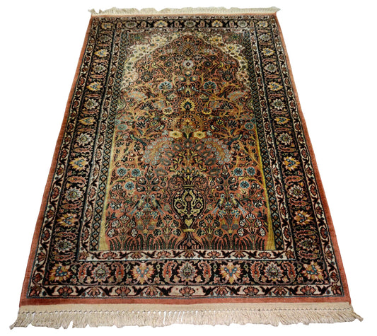 Handmade Vintage Indian Kashmir Silk Rug with Prayer Design in Black, Red, Yellow, Beige, and Turquoise Colors