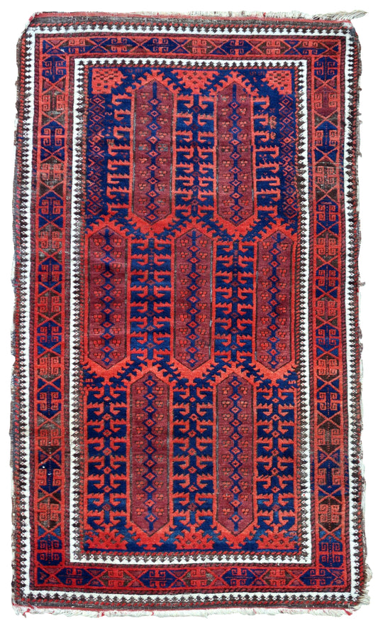 Handmade antique Afghan Baluch rug 2.9' x 5.3' (90cm x 163cm) 1900s - 1P29