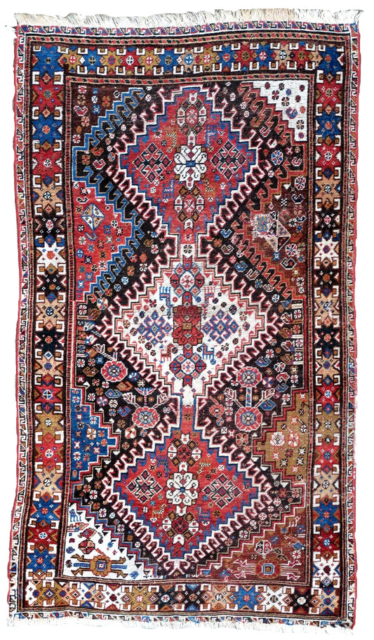Handmade antique Persian Gashkai rug 2.9' x 5.4' (90cm x 165cm) 1900s - 1P34