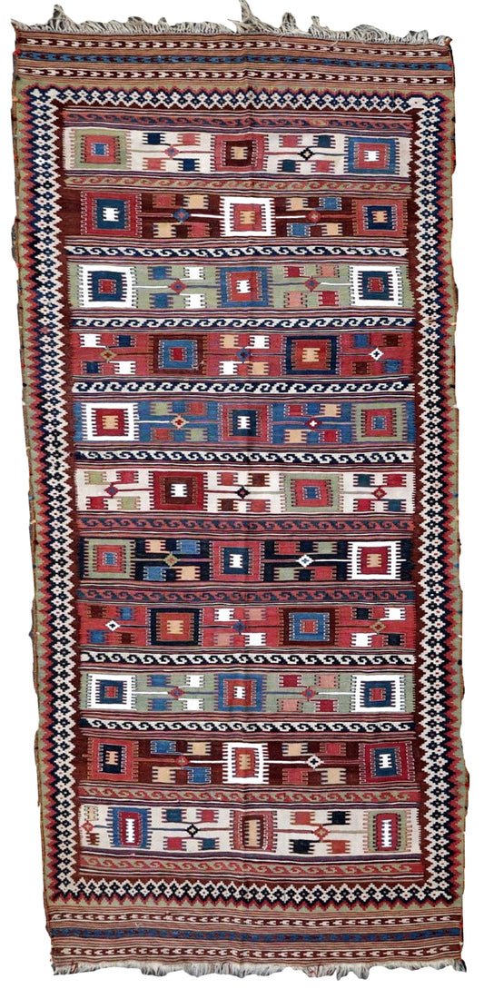 Handmade vintage Persian Gashkai kilim 4.7' x 11.5' (143cm x 350cm) 1900s - 1P56