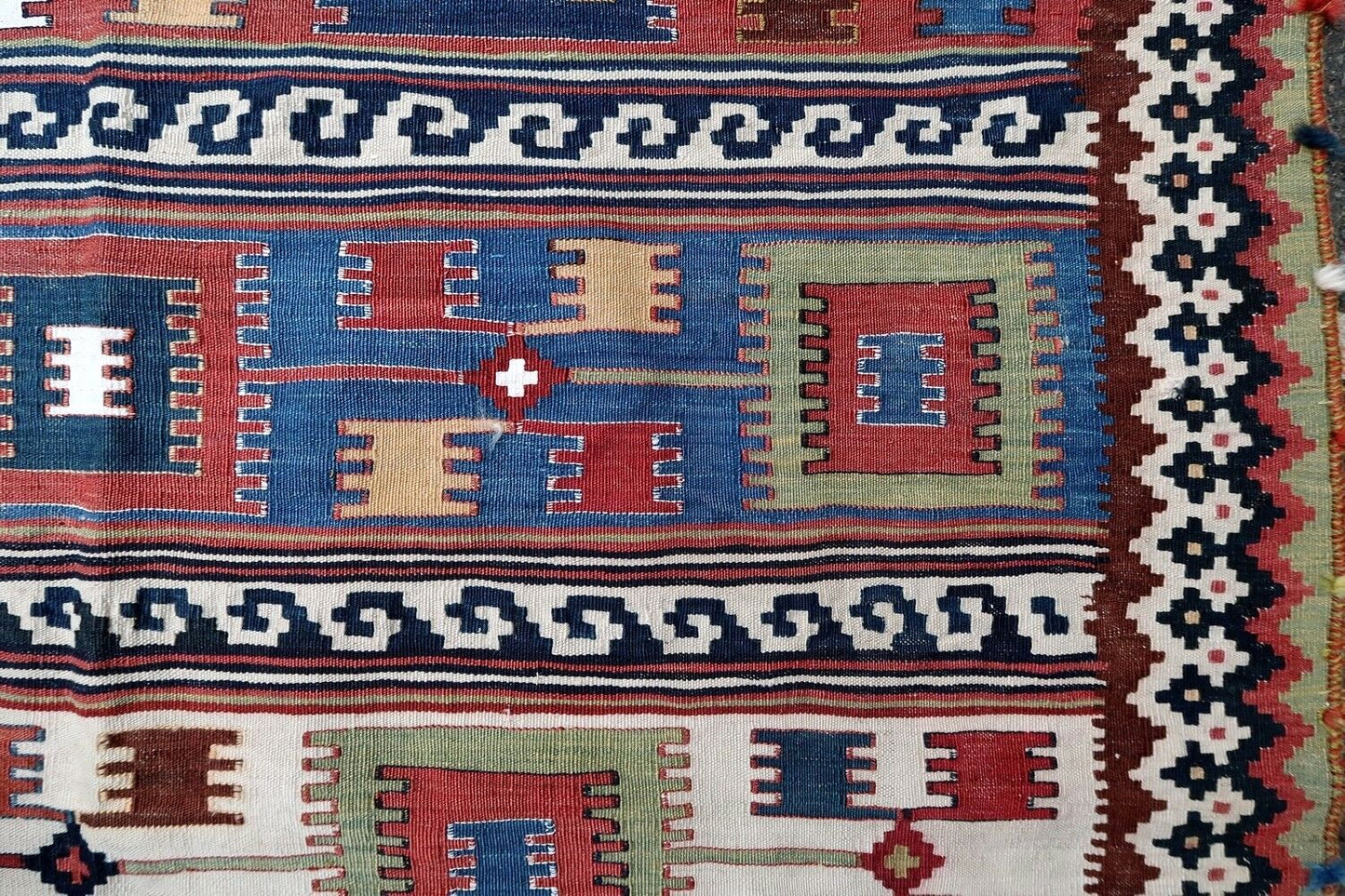 Handmade vintage Persian Gashkai kilim 4.7' x 11.5' (143cm x 350cm) 1900s - 1P56