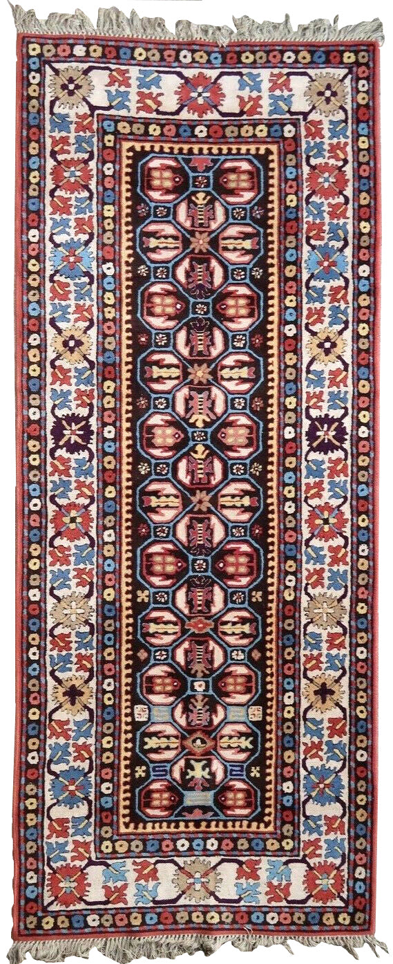 Handmade vintage French Savonnerie rug 3.6' x 8.7' (110cm x 265cm) 1950s - 1P69