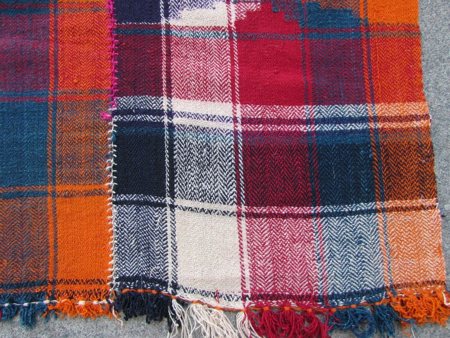 Handmade vintage Persian Moj kilim in colorful shades made in stripes. The Moj is made as a throw, usually made from two or few narrower piece, nearly identical (you able to undo the joint in middle and use it as a curtain) one of the panel is shorter than others. The Moj is crooked and is not perfectly rectangular or evenly straight due to being handmade.