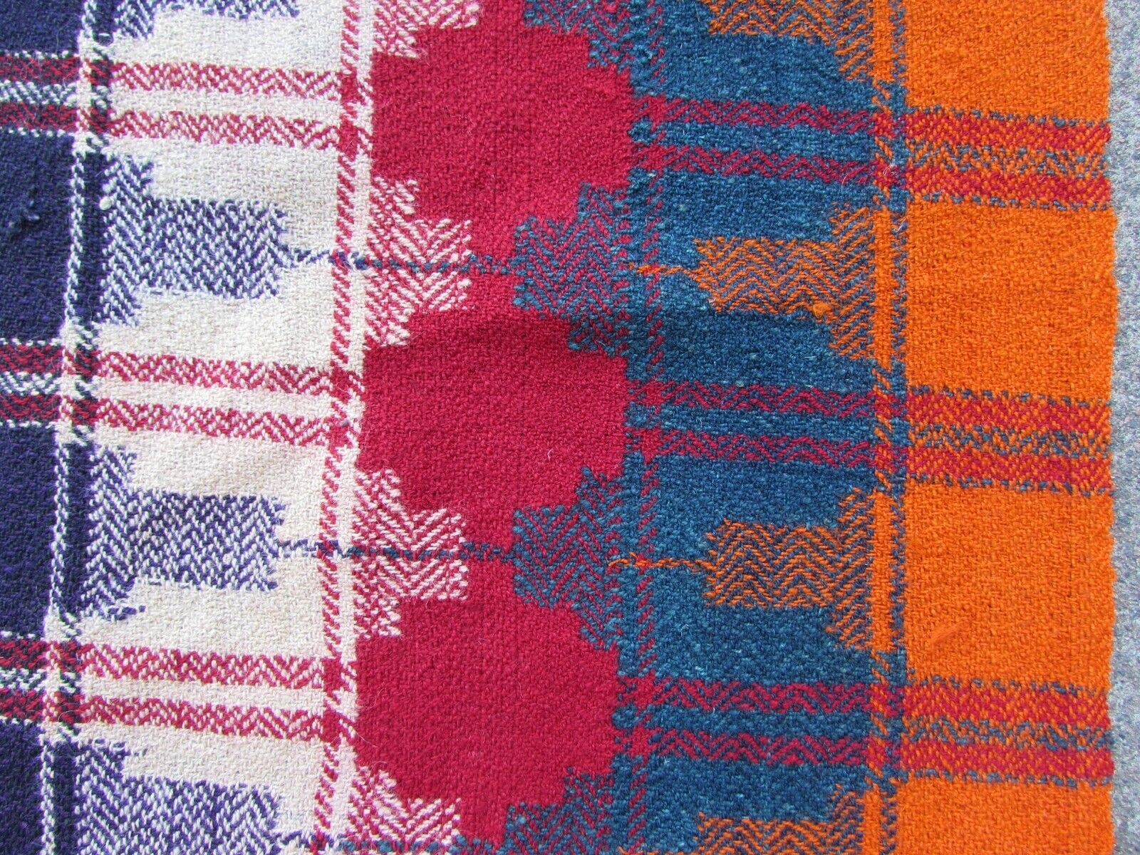 Handmade vintage Persian Moj kilim in colorful shades made in stripes. The Moj is made as a throw, usually made from two or few narrower piece, nearly identical (you able to undo the joint in middle and use it as a curtain) one of the panel is shorter than others. The Moj is crooked and is not perfectly rectangular or evenly straight due to being handmade.