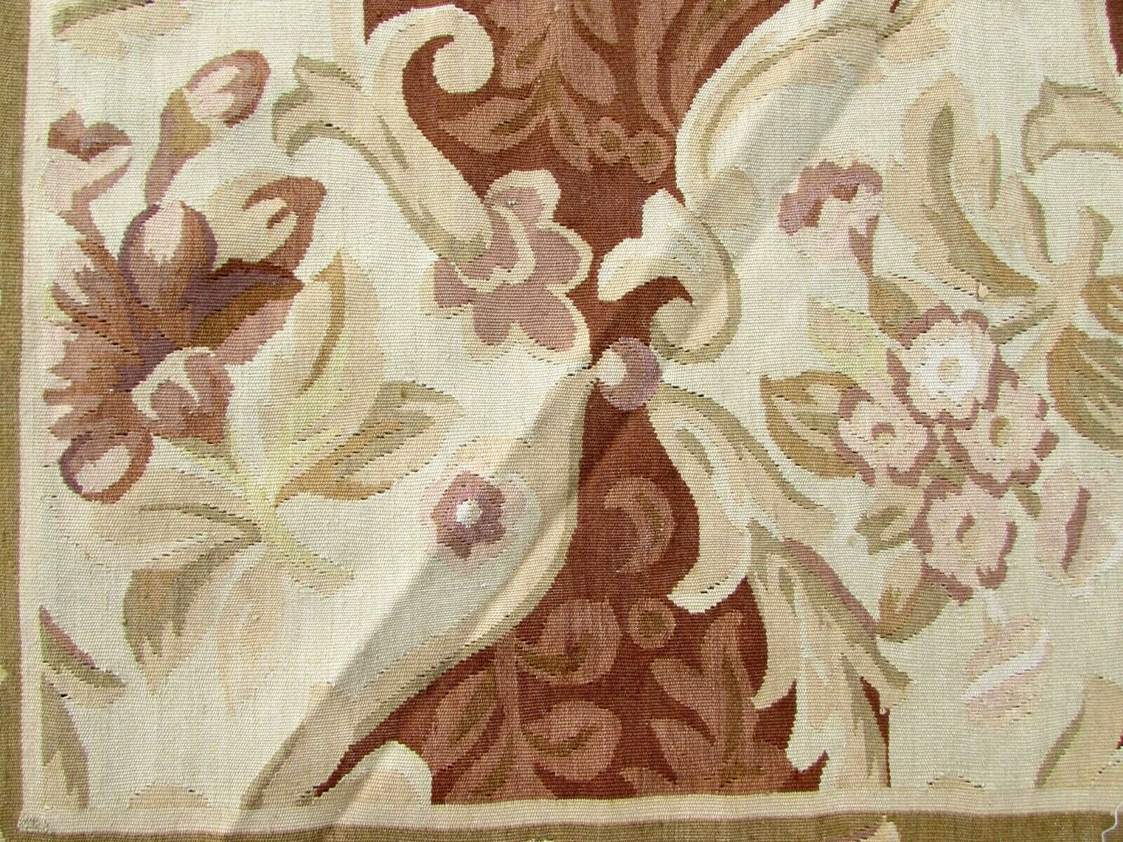 Handmade vintage French Aubusson rug in geometric design and repeating pattern. This rug has been made in the end of 20th century and in original good condition.