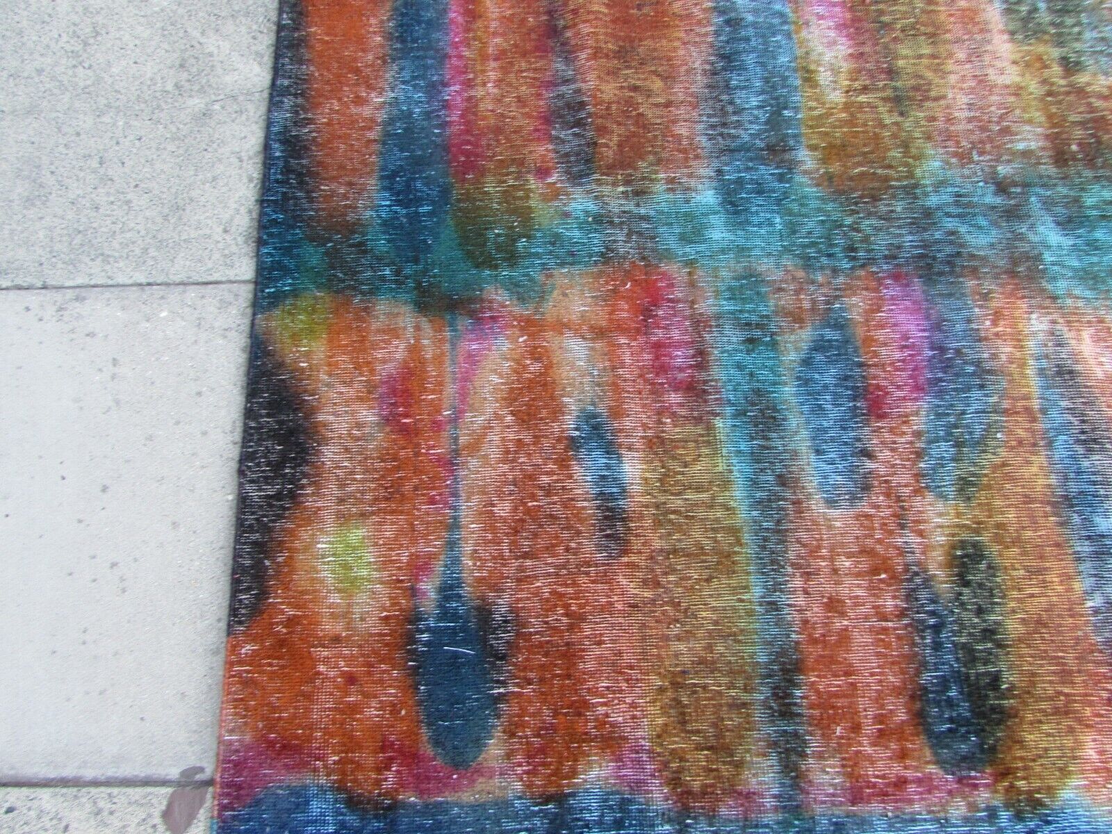 Handmade vintage Turkish Konya distressed rug with overdyed colors. The rug is in original condition, it is distressed. It is from the end of 20th century.