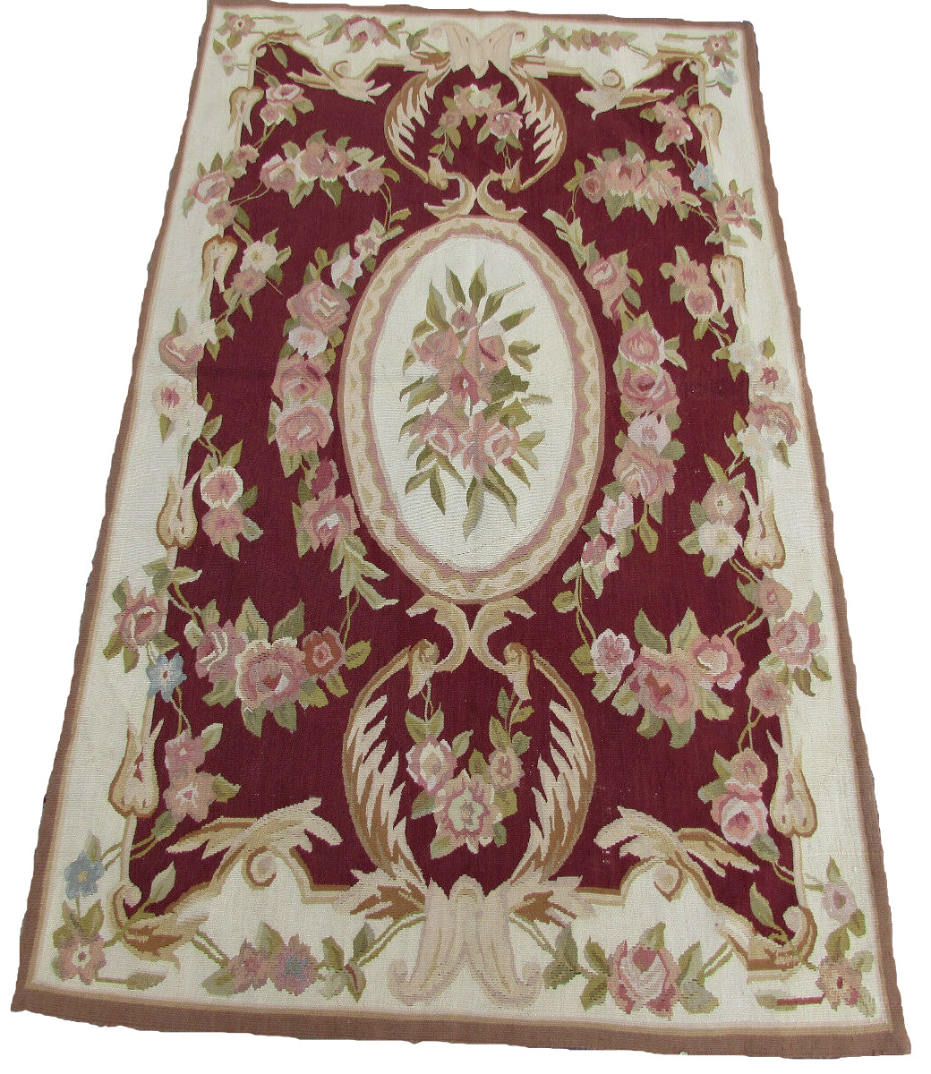 Vintage French Aubusson rug - 1970s wool handmade rug with beige, burgundy, olive green, and rose colors.